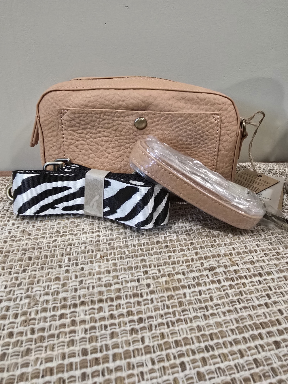 Peach Pebbled Crossbody Bag with Zebra And Matching Strap
